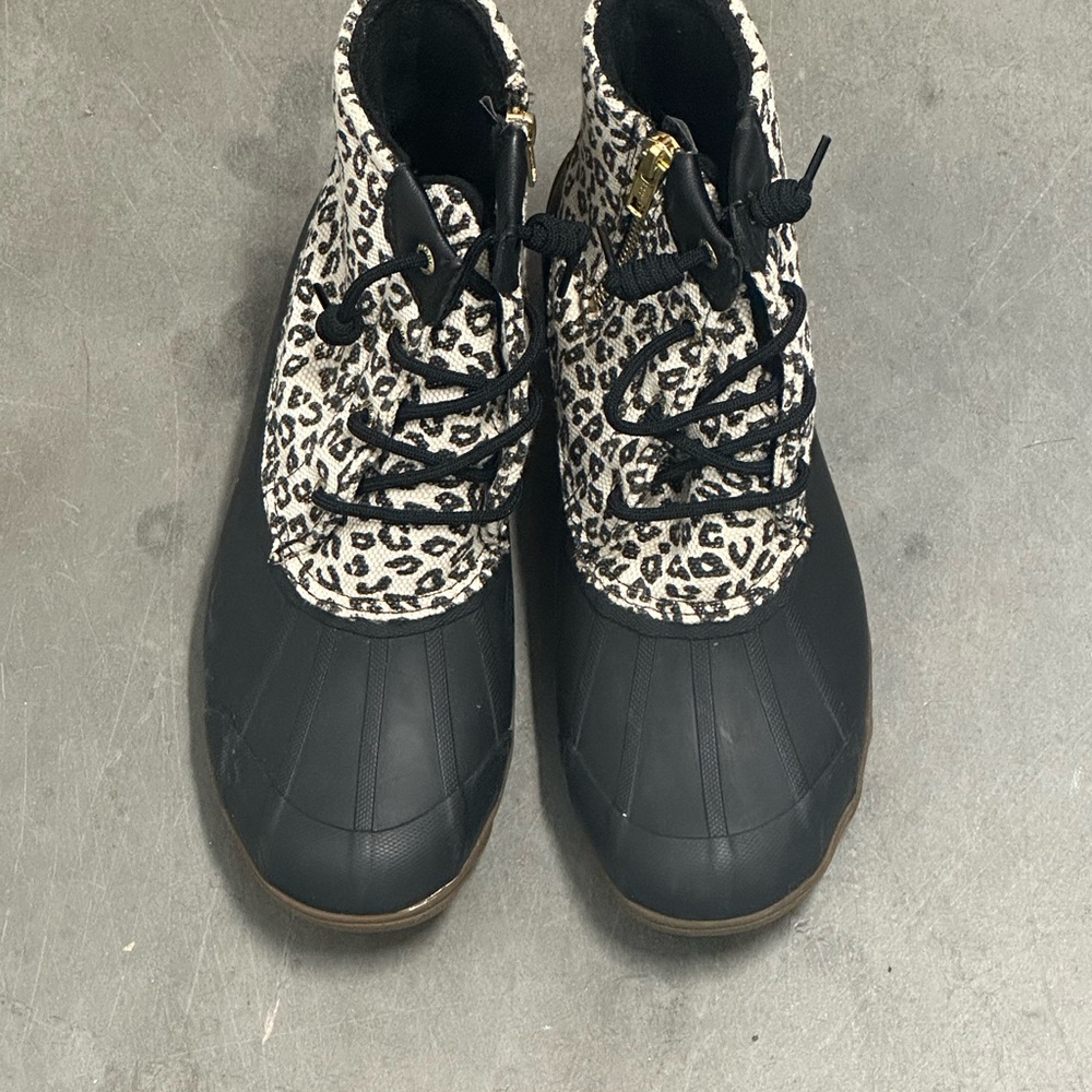 Sperry Women's Leopard-Print Lace-Up Duck Boot in Black and Beige - Picture 6 of 7